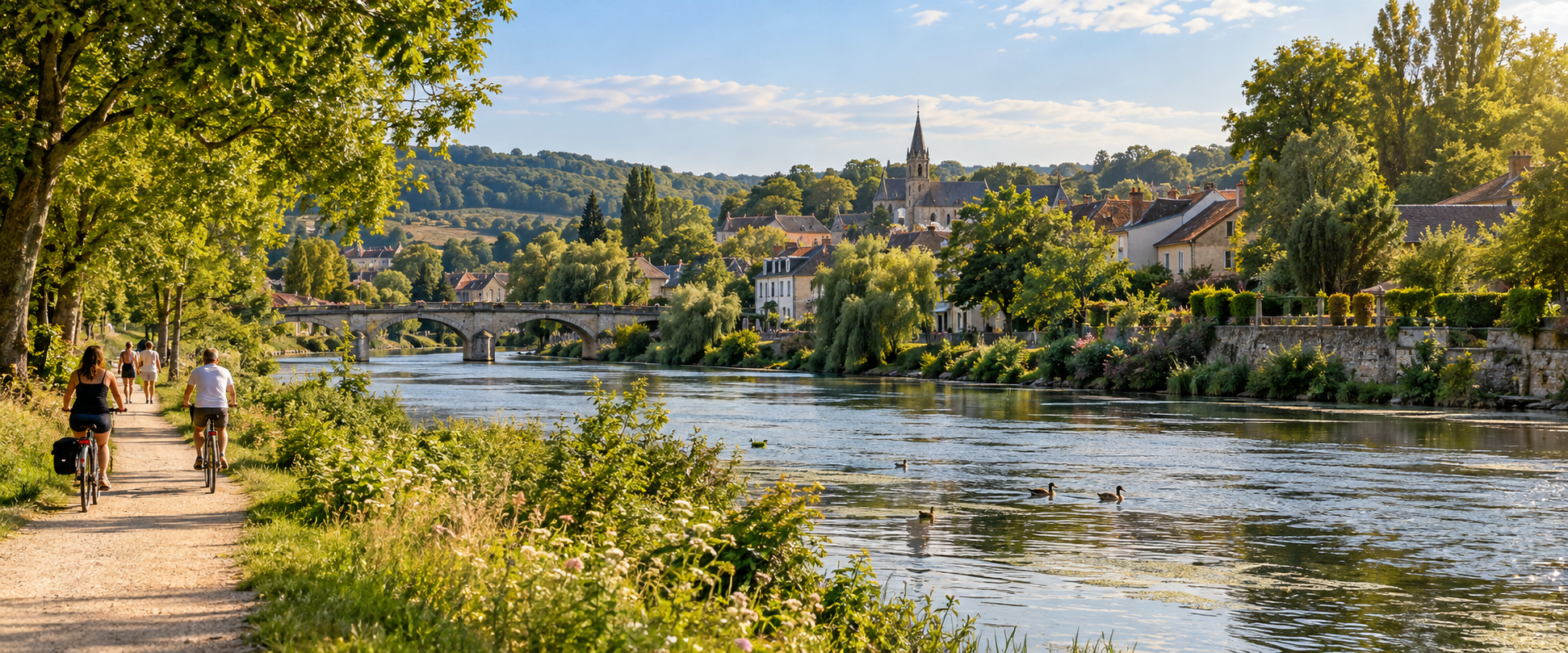 Paysage d’une ville de l’Oise au bord de l’eau, entre végétation, promenade et déplacements à vélo