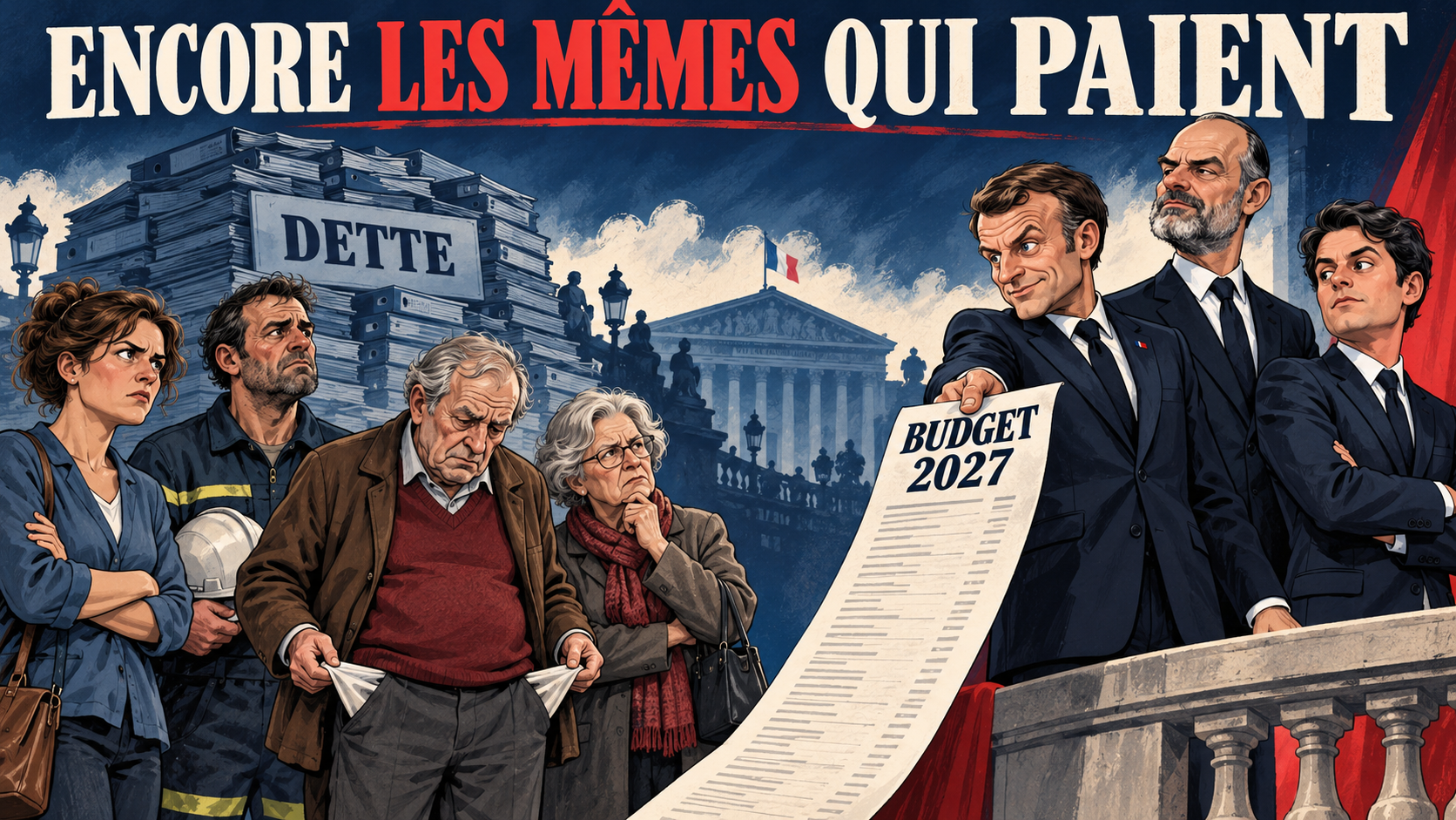 Caricature de Macron, Philippe et Attal présentant la facture du budget 2027 à des citoyens aux poches vides.